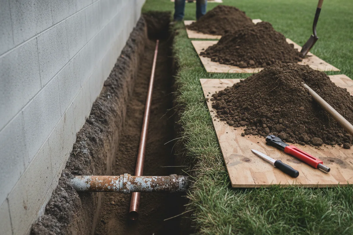 Excavated water line trench during Water Heater Repair in Joice